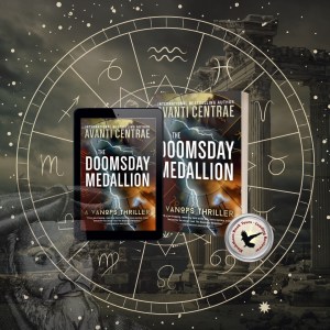 Temple of Apollo columns and dark skies in background, transparent image of Nostradamus in right corner (white beard, hat), astrological symbols in a circle with splatters of stars around it, and book cover image in foreground middle. Leading Reviewer badge for Blackthorn Book Tours on lower right corner of book image.