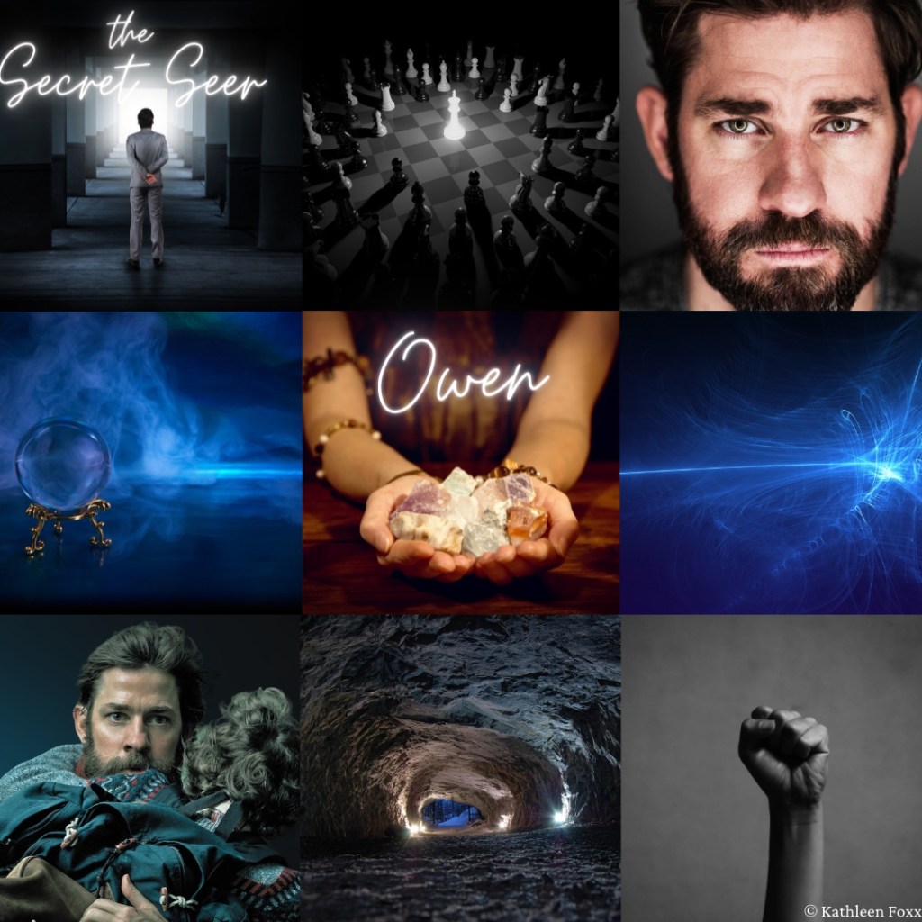 A 3x3 collage of square images depicting The Secret Seer #wip and main character Owen, who I've casted as John Krasinski, a youngish man with short dark brown hair and short beard and fair skin. The images depict a young boy facing away from the camera with his hands behind his back and staring down a long hall leading to a bright light, a dark chess board with an illuminated white king in the middle, a smoky blue light with a crystal ball in front of it, a woman holding gemstones, a strange burst of blue light in a dark sky, a panicked-looking man holding a child, a cave with light coming from inside, and a fisted hand being held up seemingly in an act of solidarity. The dark images with small hints of blue evoke tension and a sense of otherworldly happenings.
