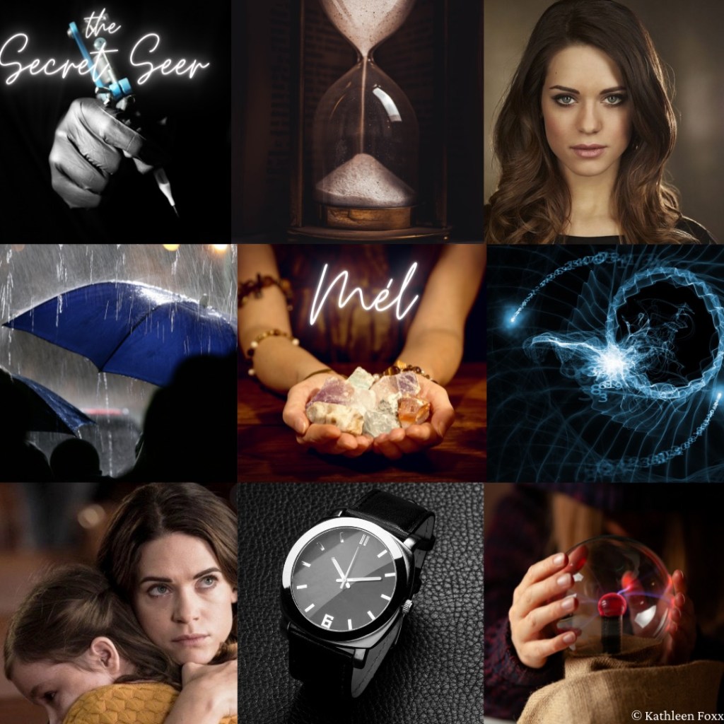 A 3x3 collage of square images depicting The Secret Seer #wip and main character Mél, who I've casted as Lyndsy Fonseca, a young woman in her twenties with medium-length dark brown hair and fair skin. The images depict a tattoo artist's hand holding the pen/needle, an hourglass with sand pouring into the bottom, a blue umbrella in the rain, a woman holding gemstones, a strange burst of blue light in a dark sky, a woman holding her young child, a watch, and hands wrapped around some sort of crystal ball. The dark images with small hints of blue and red evoke tension and a sense of time running out.